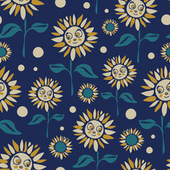 Fototapeta na wymiar Seamless vector pattern with flowers on blue background. Simple cartoon floral wallpaper design for children. Flower meadow fashion textile.