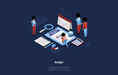 Cartoon Style Vector Illustration With Group Of People On Budget Planning Concept. Isometric 3D Composition Of Money Related Items And Different Characters Analysing It. Graphs, Charts, Infographics