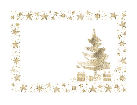Watercolor Paint Christmas card frame gold Metallic Elegant handmade painting bush
