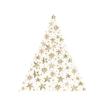 Watercolor Paint Christmas card stars pine tree gold Metallic Elegant handmade painting bush