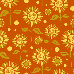 Fototapeta na wymiar Seamless vector pattern with sunflowers on brown background. Simple cartoon floral wallpaper design for children. Happy flower meadow fashion textile.