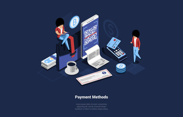 Isometric Vector Illustration Of Different Payment Methods. 3D Cartoon Composition With Two Characters And Money Related Items. Smartphone With QR Code,Cheque, Terminal Machine, Credit Card, Banknotes