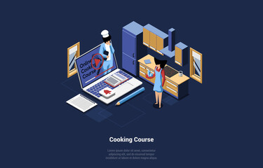 Online Cooking Course Conceptual Vector Illustration. Isometric Composition In Cartoon 3D Style Of Huge Laptop With Chef Video On Screen. Female Character Watching It And Studying. Kitchen Interior