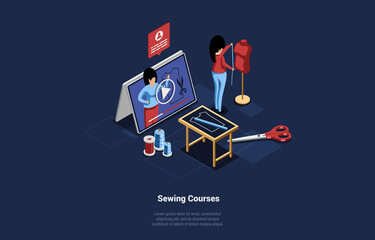 Vector Illustration Of Online Sewing Education Courses. Distant Study Isometric Concept Composition In Cartoon 3D Style. Female Character With Mannequin Sewing And Watching Video On Huge Tablet PC