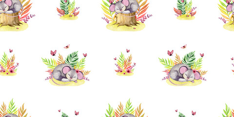 watercolor collection of mice in autumn meadow