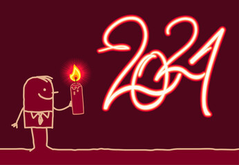 Cartoon Man Drawing a Burning Fire 2021 sign with Candle