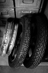 Used tires in a motorcycle shop