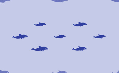 Seamless pattern of large isolated blue dolphin symbols. The pattern is divided by a line of elements of lighter tones. Vector illustration on light blue background