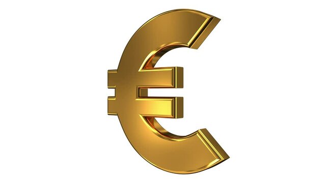 3D animation seamless loop of a golden euro symbol rotates isolated on a white background. 4K resolution