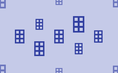 Seamless pattern of large isolated blue office building symbols. The pattern is divided by a line of elements of lighter tones. Vector illustration on light blue background