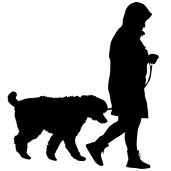 Silhouette of woman and dog on a white background