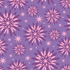 Seamless vector pattern with purple abstract flowers on blue background. Christmas snowflake wallpaper design. Festive floral fashion textile.