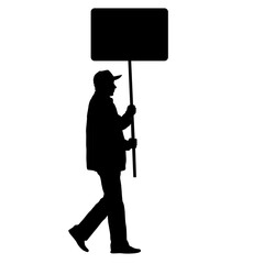 Black silhouettes of man with banner on white background