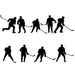 Set of silhouettes of hockey player on white background
