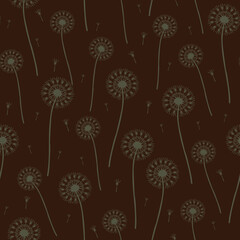 Seamless vector pattern with dandelions seeds on brown background. Decorative modern wallpaper design. Floral fashion textile.