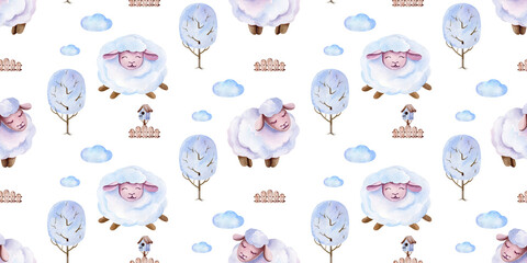 watercolor set of patterns cute sheep in nature © Elena
