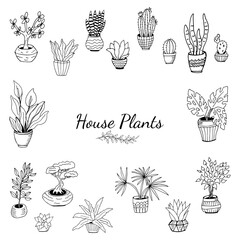 Set of hand drawn house plants in pots. Big set cute of hand drawn house plants in pots including cactus, dracena, aloe and others, and garden tools. Vector collection of doodle plants.