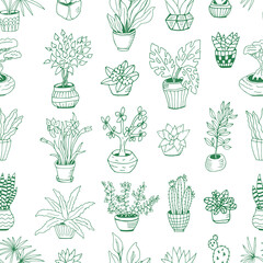 Seamless pattern with a set of hand drawn houseplants in pots. Big set cute of hand drawn house plants in pots including cactus, dracena, aloe and others, and garden tools. 