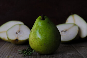 fresh green pear, dark food photography