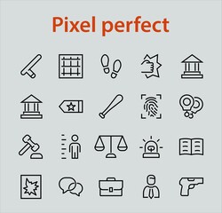 Court, Law and Justice Icon Set contains such icons as Law, Police, Prison, Handcuffs, Pistol, Editable stroke. Modern subtle symbols