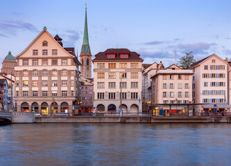 Zurich. Old city embankment and medieval houses at dawn.