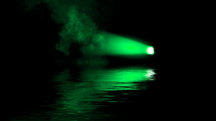 Green projector bright stadium arena lights. Spotlight with smoke on black background. Award studio ceremony the stadium with lighting. Stage illuminate shines up. Reflection in water.