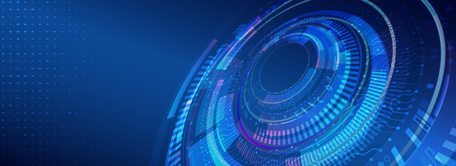 Hi-tech computer digital technology concept. 3d Futuristic glowing circle. Wide perspective Blue background with various technological elements.