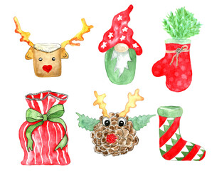 Watercolor set of christmas decorative elements isolated on white background.