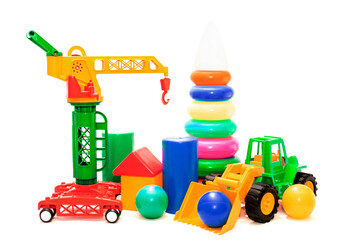brightly colored toys on a white background isolated.