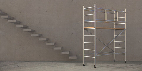 Scaffolding tower on concrete room with stairs background. 3d illustration © Rawf8