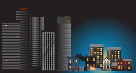 Office buildings downtown stay dark while suburban houses illuminated and full of people due the working from home trend, EPS 8 vector illustration