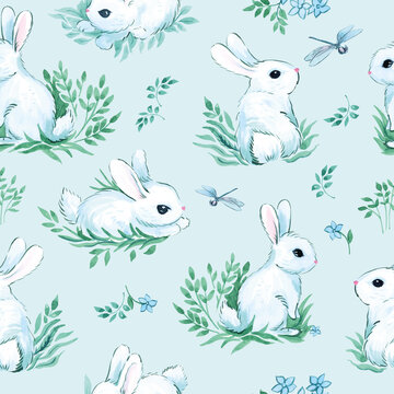 White rabbits and dragonflies on a blue background.