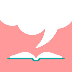 Open book with green book cover and white speech bubble flying out. Isolated on pink background.