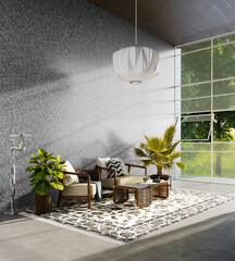 Modern living room interior with houseplants and a wall lined with hexagonal gray tiles. 3d render