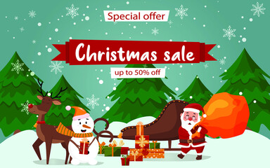 Special offer christmas sale beautiful discount banner with santa claus, deer and snowman