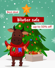 Special offer, christmas sale, beautiful discount banner with next year bull symbol