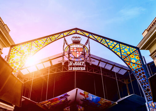 BARCELONA, SPAIN - October 18, 2019: Entrance of La Boqueria market Les Rambles in Barcelona, Catalonia, Spain