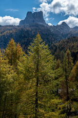 Beautiful alpine countryside. Scenic image of famous Sassolungo peak with overcast perfect blue sky. Wonderful Vall Gardena under sunlight. Majestic Dolomites Mountains. Amazing nature Landscape