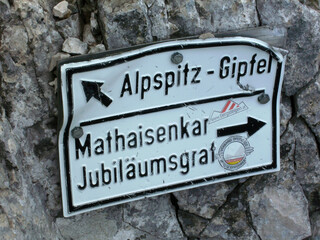 Sign post Alpspitze mountain in Garmisch-Partenkirchen, Bavaria