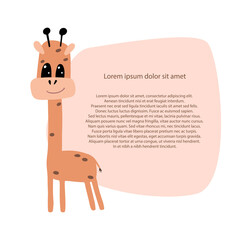 Giraffe in cartoon style. Vector children's illustration. Wild animal. Isolated over white background. Postcard with a field for text