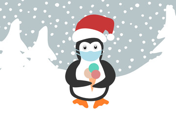 Cute penguin with ice cream and medical mask