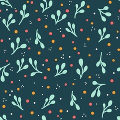 Christmas leaves and berries seamless pattern vector. Cute vintage hand drawn illustration for season holidays with twigs and leaves. Mid century modern style