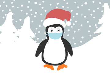 Cute penguins with Santa Claus hat and medical mask in the winter