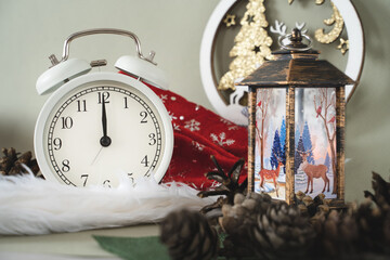 Christmas picture with a clock, the hands of which indicate midnight