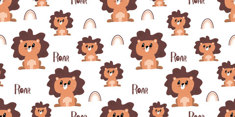 Seamless background with cute lion with rainbow. Decorative cute wallpaper for the nursery in the Scandinavian style. Suitable for children's clothing, interior design, packaging, printing.
