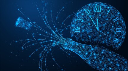 A bottle of champagne and a watch. Low-poly construction of concatenated lines and dots. Blue background.