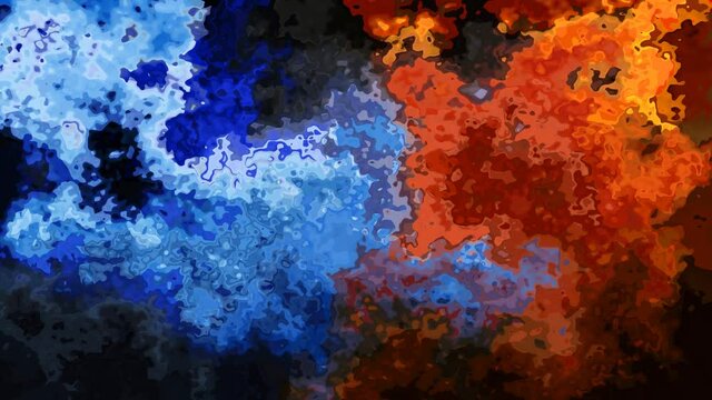 abstract animated twinkling stained background full HD seamless loop video - watercolor splotch liquid effect - color cold blue and hot red orange
