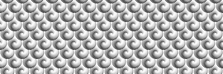 Abstract Seamless Black and White Geometric Pattern with Hexagons. Spiral-like Spotted Curles. Repetition Tiles. Raster Illustration