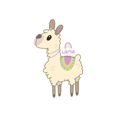 Vector color children's illustration, poster, print with a cute llama on a white background. Alpaca. Cute baby animals.