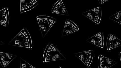 slice of pizza on a thin crust, on a black background, vector illustration, pattern. pizza stuffed with meat, mushrooms and herbs. pattern, kitchen decoration, stylish wallpaper